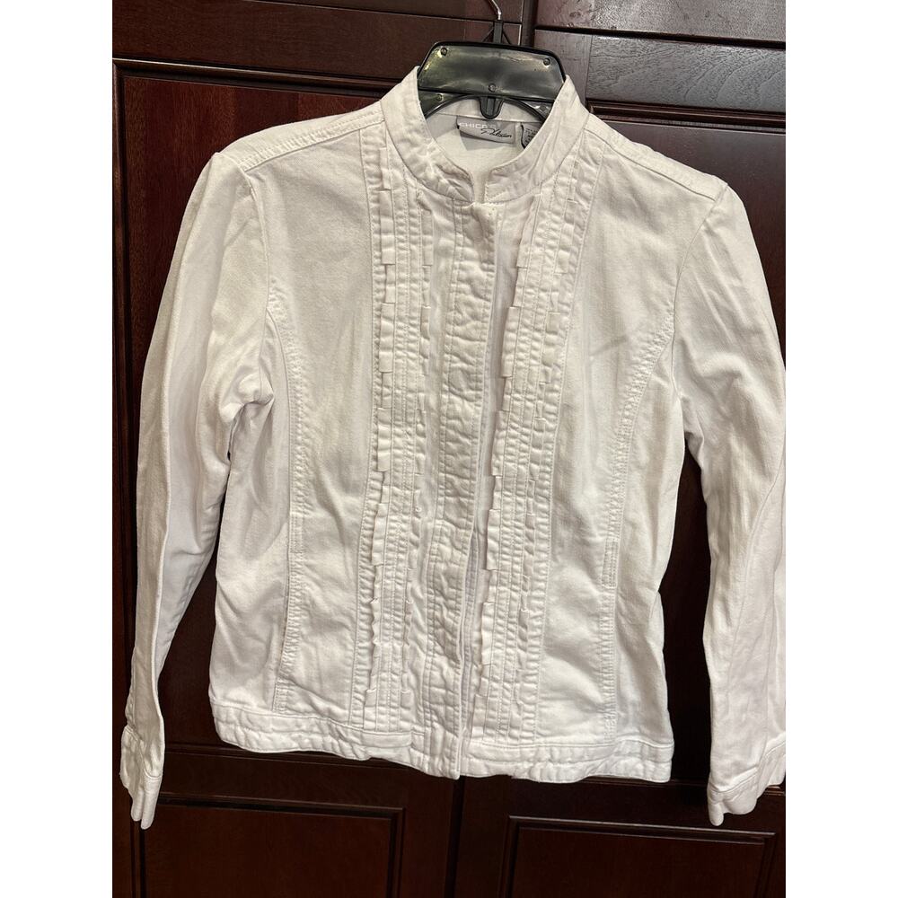 Chico's Platinum White Ruffle Denim Jacket Size 0